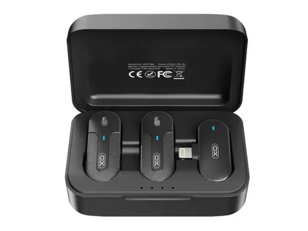 XO MKF09B Lightning Self-charging Compartment One to Two Low Latency Wireless Lavalier Microphone Bl