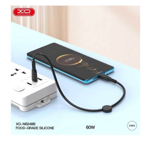 6920680840076 XO NB-Q248B Suluo Series Portable Silicone Type-c to Type-C 60W Data Cable L=25cm Strip Cable Black