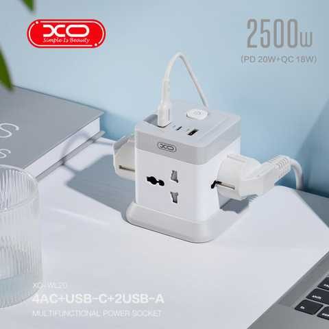 XO WL20 (EU) 20W fast charging square plug 4AC jack+USB-A+1USB-C White+Gray