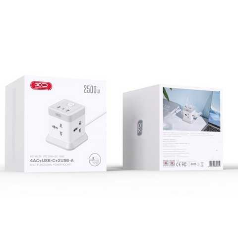 XO WL20 (EU) 20W fast charging square plug 4AC jack+USB-A+1USB-C White+Gray