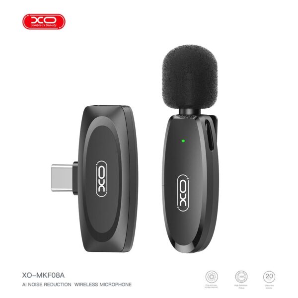 6920680848669-2 XO MKF08A Type-C One-Touch Low Latency Wireless Lavalier Microphone Black