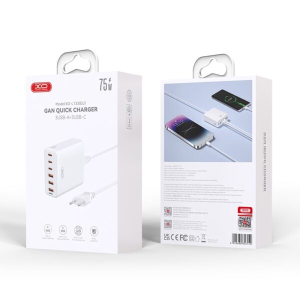 6920680856152-2 XO L133(EU) 75W GaN 3A+3C Desktop Fast Charger with 1.5M Power Cord White