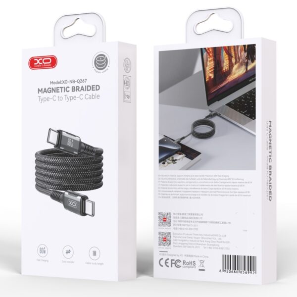XO NB-Q267 Magnetic Braided Type-c to Type-c 60W Data Cable 1M Black