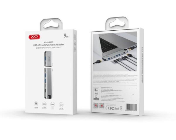 6920680857739-3 XO HUB017 type-c 9-in-1 Magnetic Metal Docking Station (Type-c to USB3.0*3+HDMI*2+PD*2+RJ45+TYPE-C P