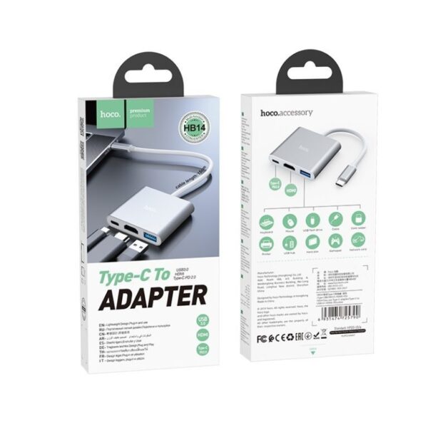 6931474725790-5 Hoco HB14 Easy use Type-C adapter(Type-C to USB3.0+HDTV+PD) silver