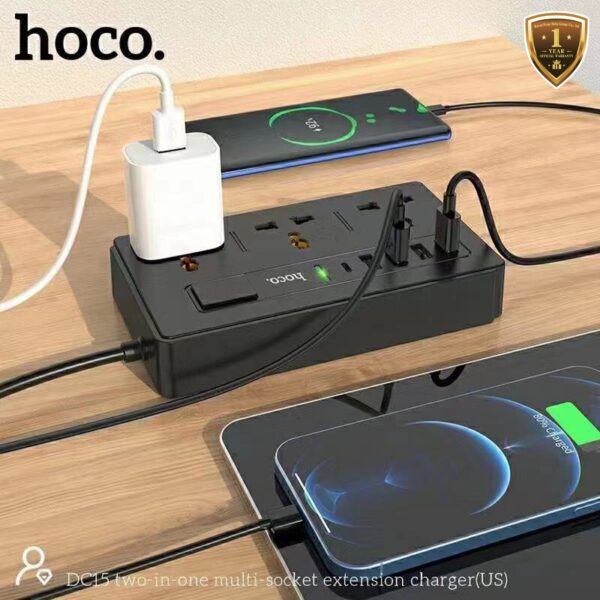 6931474749635 Hoco DC15 two in one multi -socket extension charger