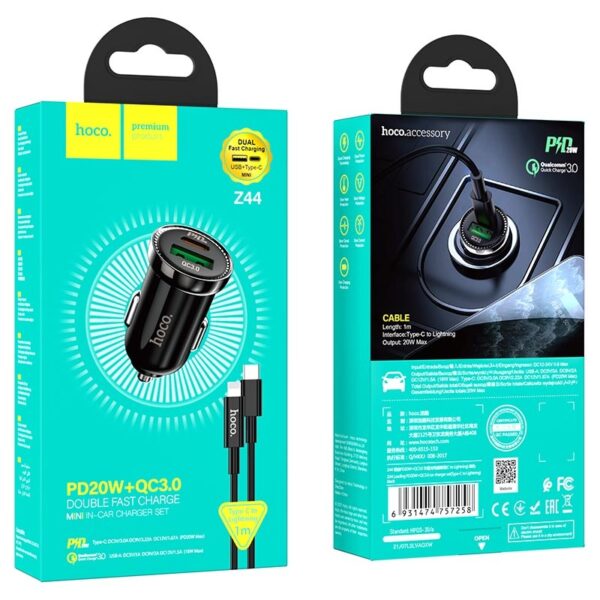 6931474757258-6 Hoco Z44 Leading PD20W+QC3.0 car charger set(Type-C to iP) black