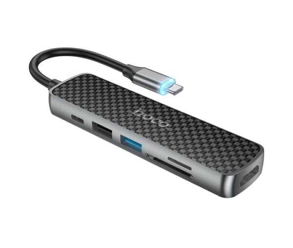 Hoco HB24 Easy display Type-C multifunction adapter(HDTV+USB3.0+USB2.0+SD+TF+PD) metal gray