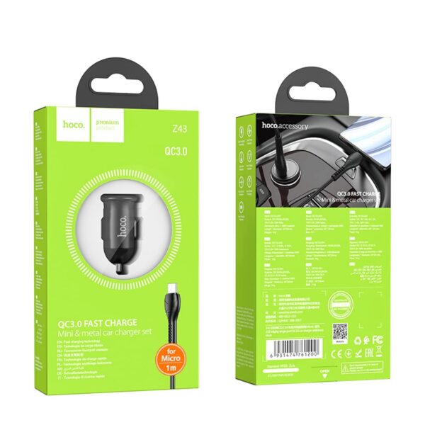 Hoco Z43 Mighty single port QC3.0 car charger set(Micro) black