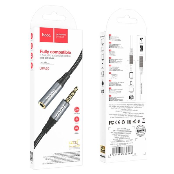 Hoco UPA20 3.5 audio extension cable male to female(L=1M) metal gray