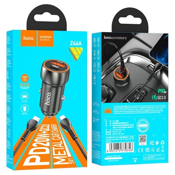 Hoco Z46A Blue whale PD20W+QC3.0 car charger set(C to iP) metal gray