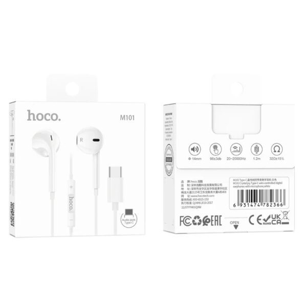Hoco M101 Crystal joy Type-C wire-controlled digital earphones with microphone white