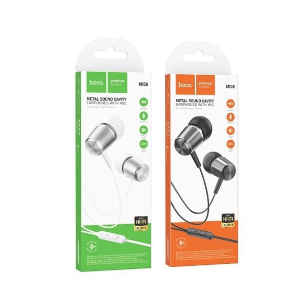 6931474797582-2 Hoco M108 Spring metal universal earphones with mic silver
