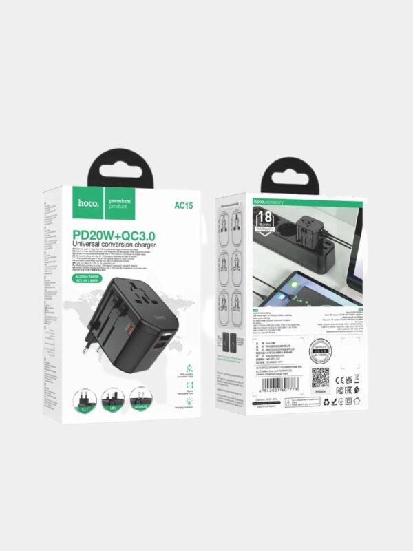 Hoco AC15 Walker three-port PD20W(1C2A) universal conversion charger black