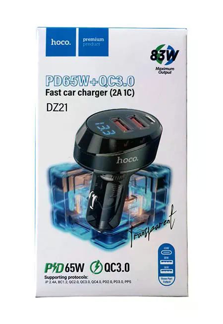 Hoco DZ21 River three-port(2A1C) car charger with digital display transparent black