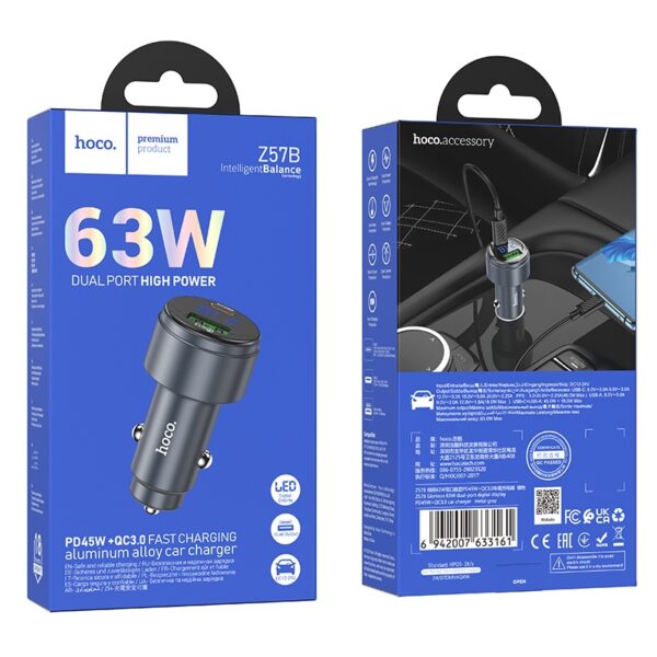 Hoco Z57B Glorious 63W dual-port digital display PD45W+QC3.0 car charger metal gray