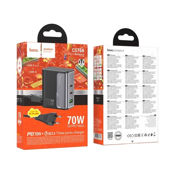 Hoco CS76A Star Speed PD70W(2C1A) charger(EU) midnight black