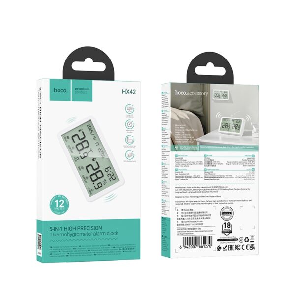 Hoco HX42 indoor electronic alarm clock thermometer and hygrometer white