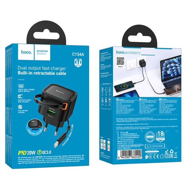 Hoco C154A Changer PD20W+QC3.0 charger with telescopic cable(EU) black