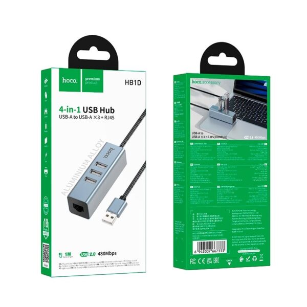 Hoco HB1D 4-in-1 converter(USB to USB2.0*3+RJ45) metal gray