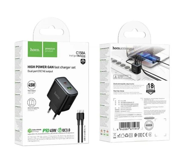 6942007671972-3 Hoco C158A Upgrade PD45W(1C1A) charger set(C to C)(EU) black
