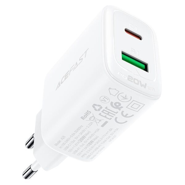 ACEFAST A25 PD20W (USB-C+USB-A) dual port charger,white (EU)