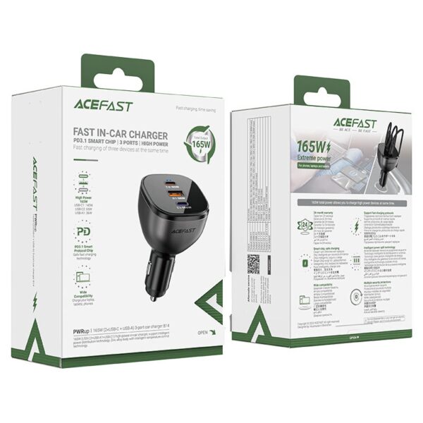 ACEFAST B14 165W (2*USB-C+USB-A) 3-port car charger,black