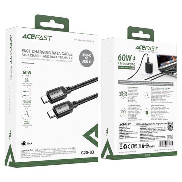 6974316283775-2 Acefast C20-03 USB-C to USB-C aluminum alloy charging data cable,black black