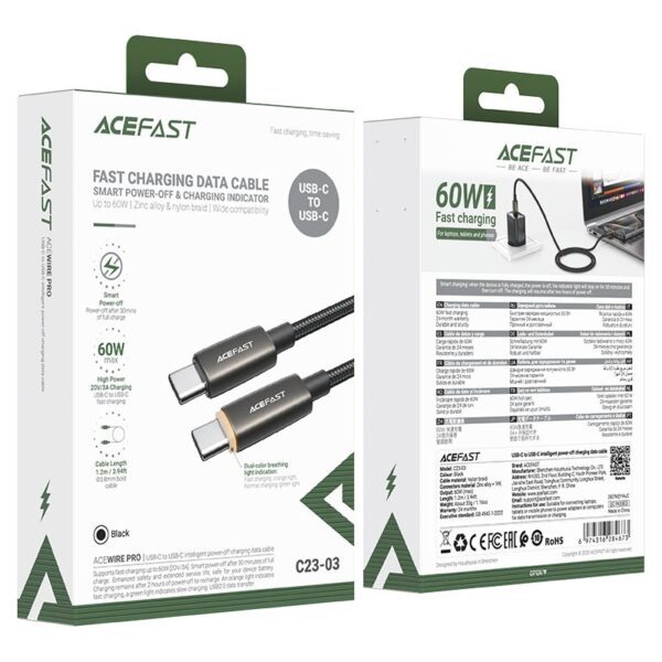 AceFast C23-03 USB-C to USB-C intelligent power-off charging data cable black