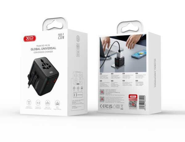XO WL36 20W Universal Travel Converter Charger 2USB-C+1USB-A black