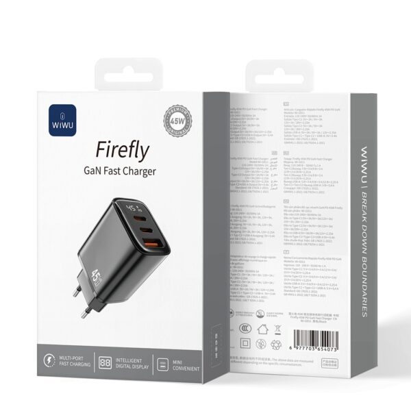 6977703654097-2 Wiwu 45W Firefly GaN Fast Charger 2C+1A with digital display Wi-G011 EU Black