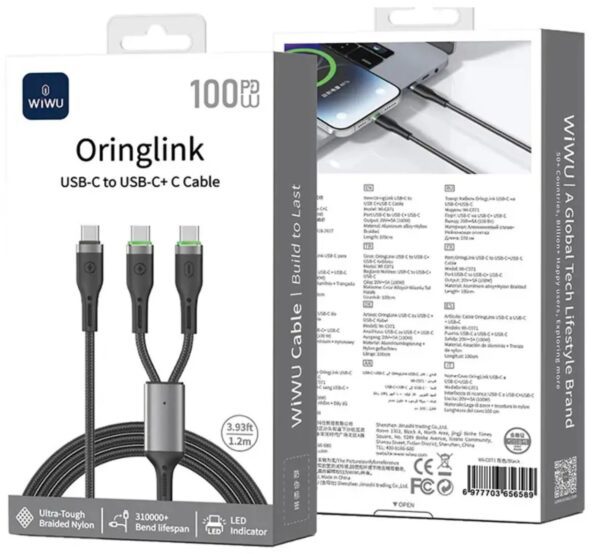 Wiwu 100W OringLink Series Nylon Braided Cable Wi-C071 C-C+C 1.2M Black