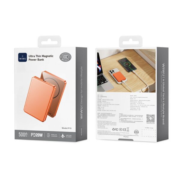 Wiwu Ultra Thin Magnetic Power Bank P15 5000mAh (3C) Orange