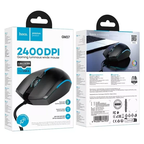 Hoco GM37 Wonderful gaming luminous wired mouse black
