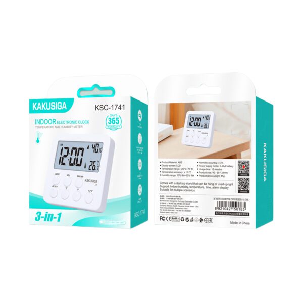 Kakusiga KSC-1741 DIFEI Series 3-in-1 Indoor Digital Clock Thermometer and Hygrometer White
