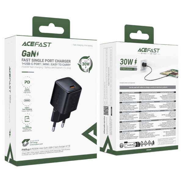 AceFast A118 PD30W mini GaN USB-C fast charger,black (EU)