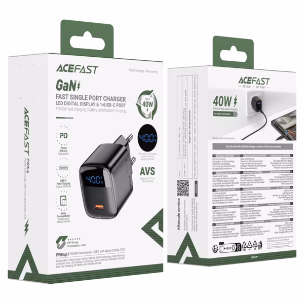 AceFast A135 PD40W GaN charger USB-C with digital display,black(EU）