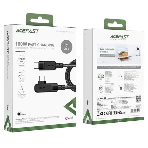 AceFast C5-03 USB-C to USB-C 100W right angled aluminum alloy charging data cable,black