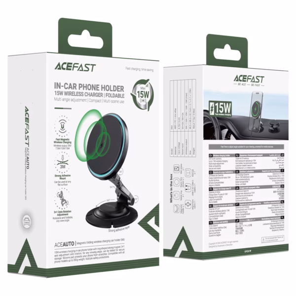 AceFast D65 magnetic folding wireless charging car holder,black