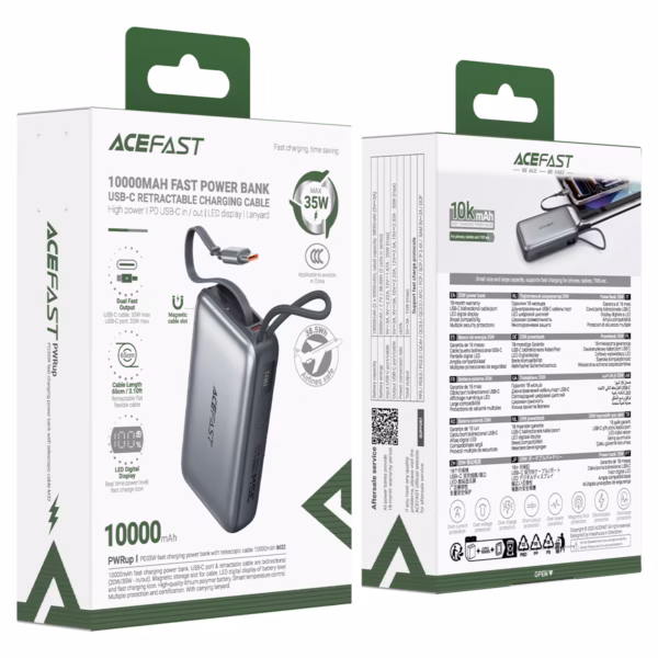 AceFast M32 PD35W fast charging power bank with telescopic cable 10000mAh,metal gray