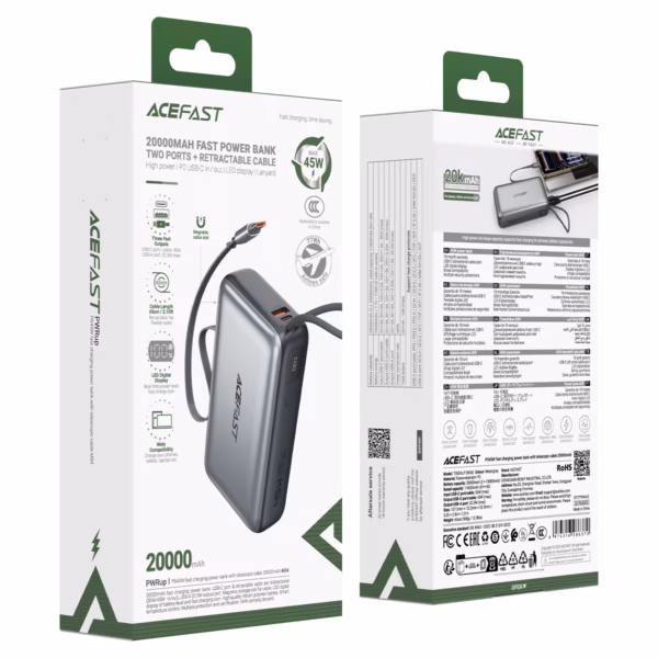 AceFast M34 PD45W fast charging power bank with telescopic cable 20000mAh,metal gray