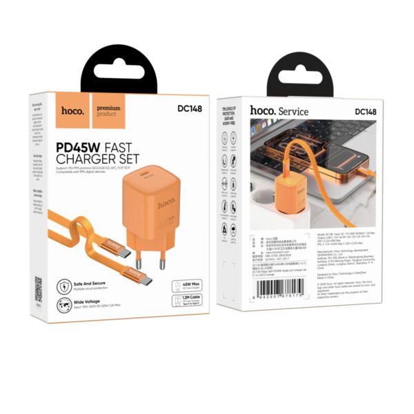 Hoco DC148 Ridge GaN PD45W single port charger set(C to C)(EU) orange